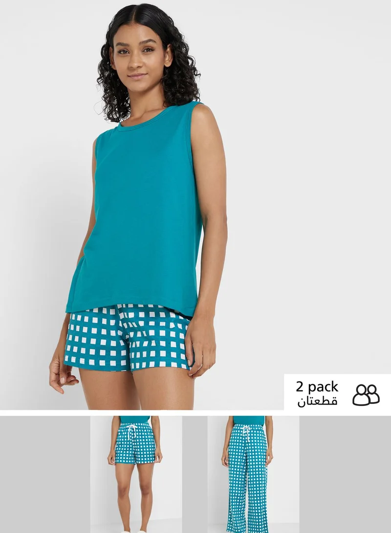 جينجر 3 Piece Check Print Pyjama Pant & Shorts Set
