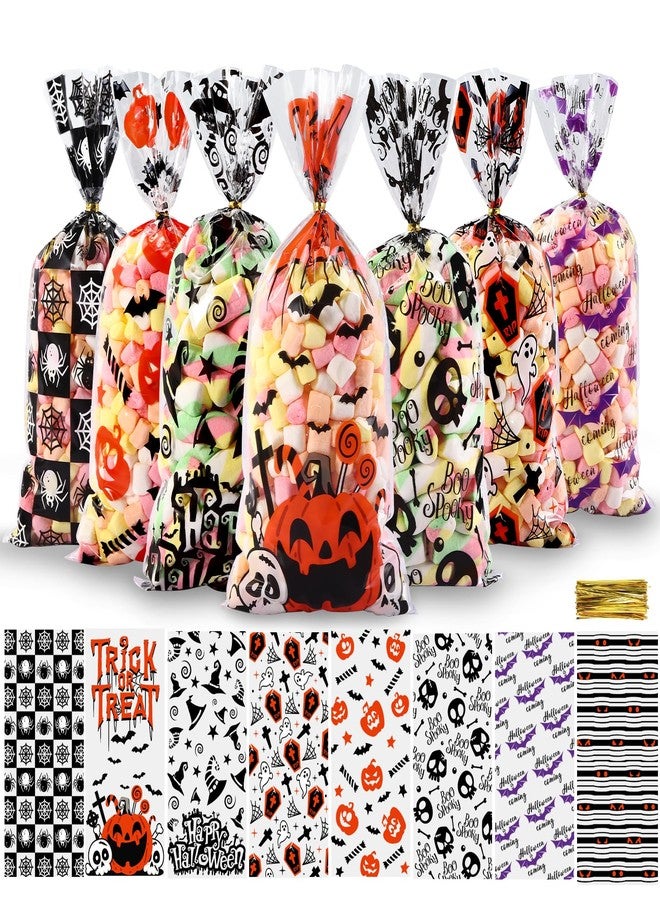 Vellibring 120 Pcs Halloween Cellophane Candy Bags with Gold Twists Ties - Clear Plastic Snacks & Cookies Packing Bags for Party Favor Supplies - Image 1