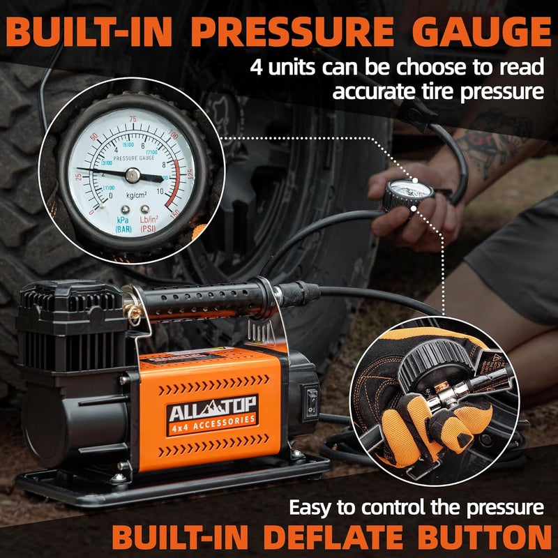 ALL-TOP طقم ضاغط الهواء المحمول ALL-TOP 12V، مضخة هواء ثقيلة للسيارات خارج الطريق، أقصى ضغط 150 PSI - Image 4