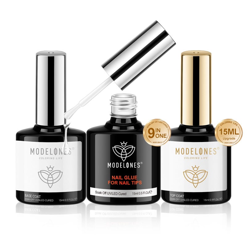 modelones Gel Nail Polish Kit - Long Lasting Glossy Top Coat & Base Coat with Nail Glue - Non-Toxic, Vegan, Formalde Free - 0.5 Fl Oz (Pack of 1) - 15 ml - Image 1