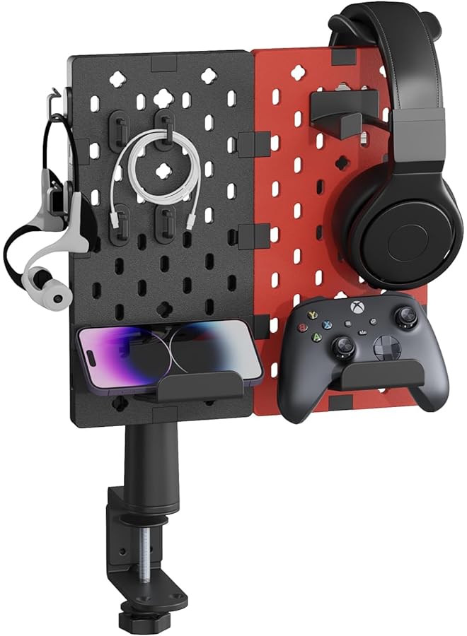 ASA Pegzon Clip Mount Board Headset And Controller Holder Rotatable Controller Holder With Cable Hooks Gaming Accessories For Xbox Ps5 Ps4 Nintendo Switch Desk Organizer Red Metal Plastic - Image 1