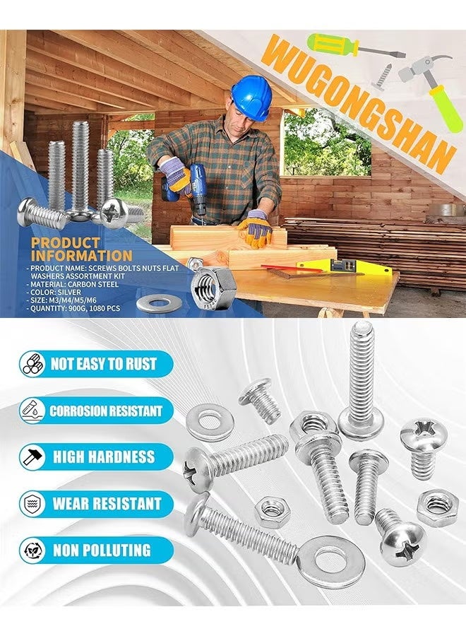 1080 Pcs Screws Bolts and Nuts Assortment Kit, Metric Machine Screws and Nuts and Bolts and Flat Washers, M3/M4/M5/M6 Phillips Slotted Pan Head Hex Bolts and Nuts Sets - Image 2