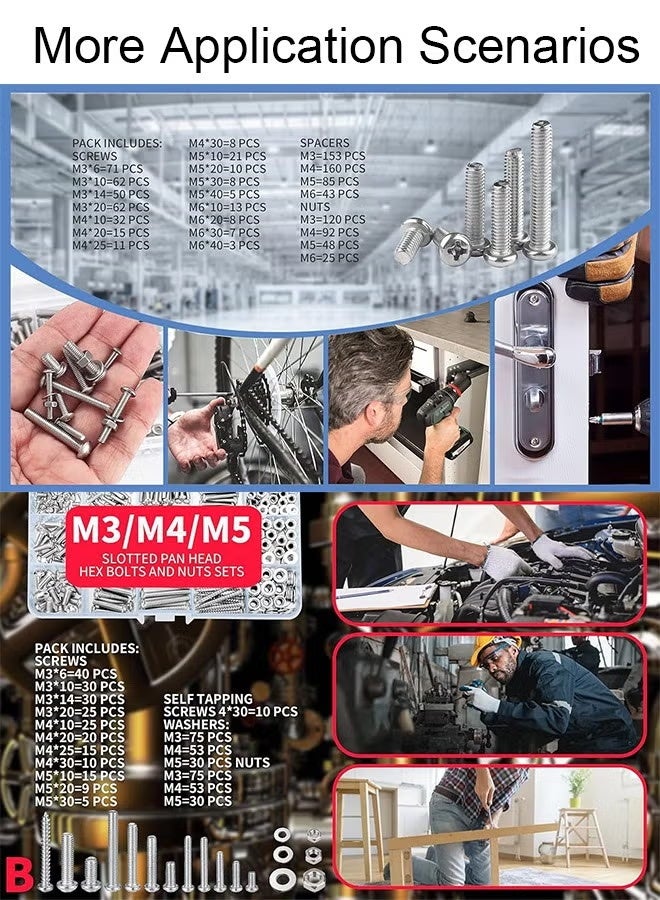 1080 Pcs Screws Bolts and Nuts Assortment Kit, Metric Machine Screws and Nuts and Bolts and Flat Washers, M3/M4/M5/M6 Phillips Slotted Pan Head Hex Bolts and Nuts Sets - Image 3