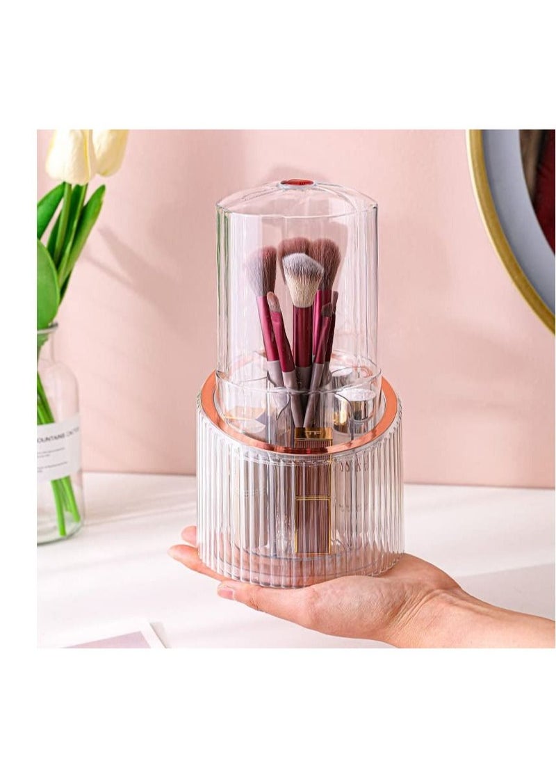 Excefore 360° Rotating Makeup Organizer, Makeup Brush Holder Organizer , Dustproof Make Up Brushes Container, Clear Make Up Storage  Organizers, Suitable for Vanity Bathroom Countertop (Rosy) - Image 1
