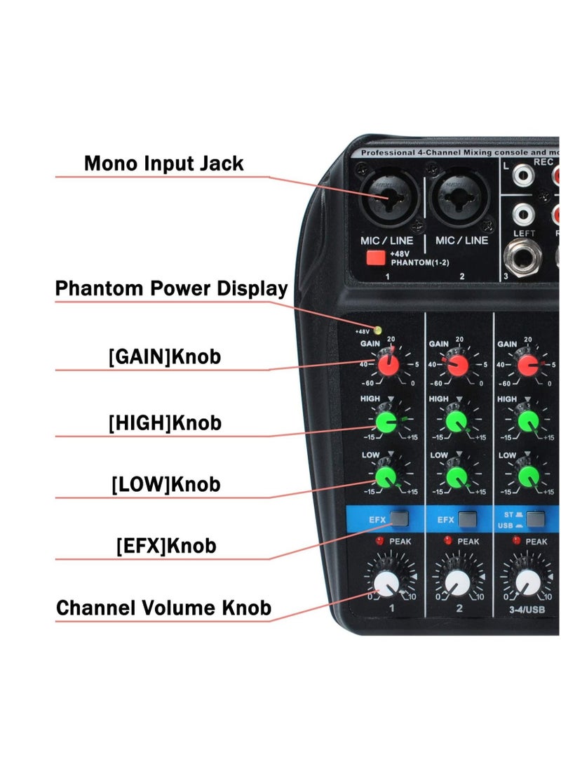 Audio Mixer Bluetooth USB Record 4-Channel BT Sound Mixing Console Mono Stereo Input Reverb Effects 48V Phantom PoweR Audio Interface Board for Stage Tuning Home KTV Studio Music etc  - Image 4