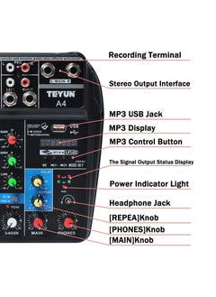 Audio Mixer Bluetooth USB Record 4-Channel BT Sound Mixing Console Mono Stereo Input Reverb Effects 48V Phantom PoweR Audio Interface Board for Stage Tuning Home KTV Studio Music etc  - Image 5