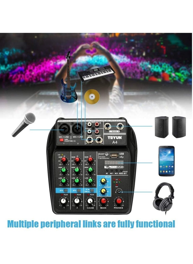 Audio Mixer Bluetooth USB Record 4-Channel BT Sound Mixing Console Mono Stereo Input Reverb Effects 48V Phantom PoweR Audio Interface Board for Stage Tuning Home KTV Studio Music etc