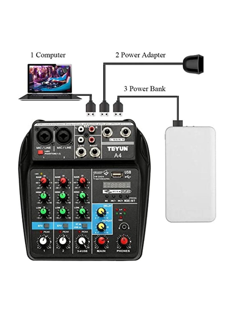 Audio Mixer Bluetooth USB Record 4-Channel BT Sound Mixing Console Mono Stereo Input Reverb Effects 48V Phantom PoweR Audio Interface Board for Stage Tuning Home KTV Studio Music etc