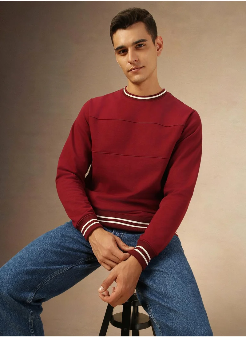 دينيس لينغو Men's Maroon Polyester Blend Solid Regular Fit Sweatshirt