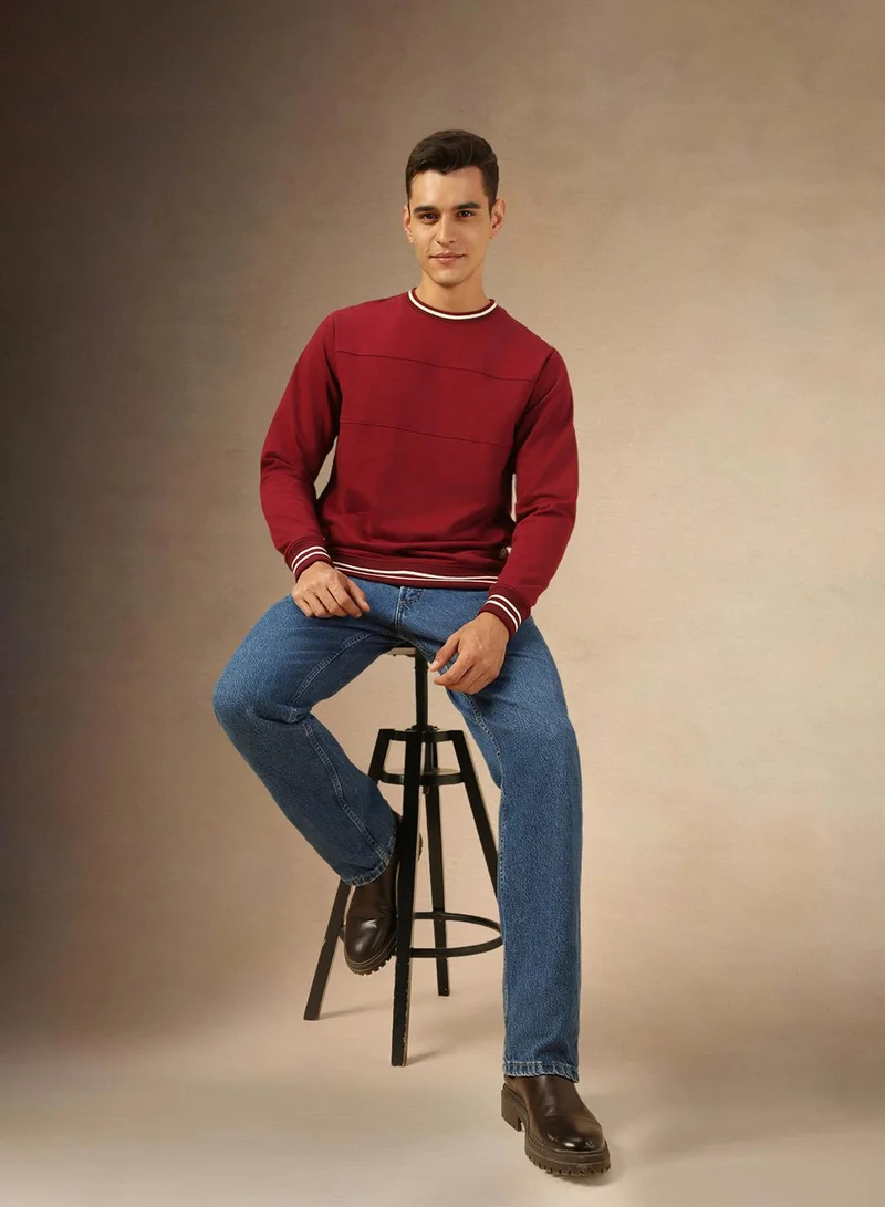 دينيس لينغو Men's Maroon Polyester Blend Solid Regular Fit Sweatshirt
