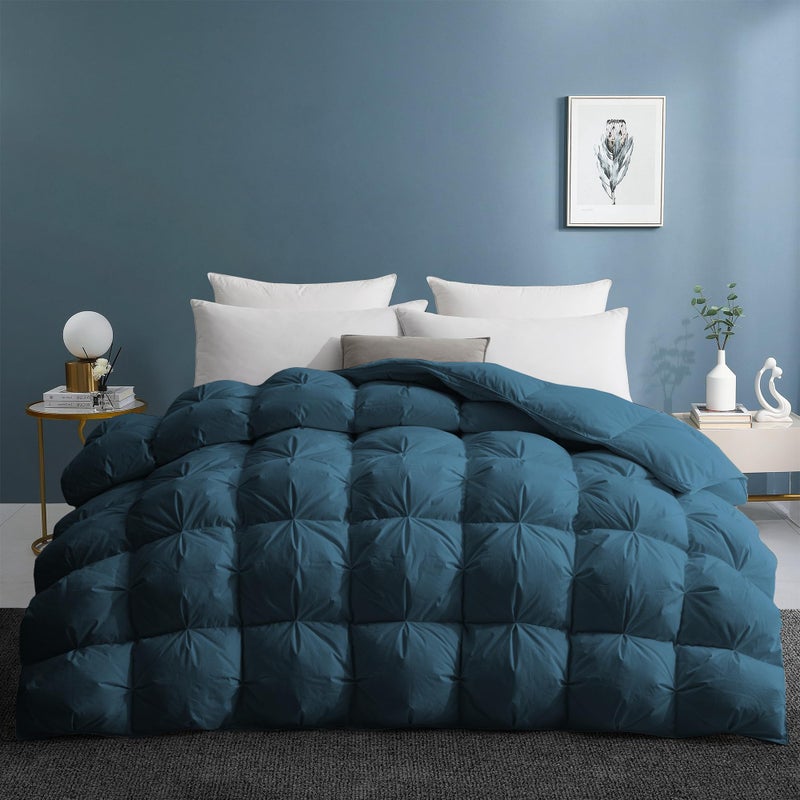 UNIKOME Goose Feather Down Comforter with Pinch Pleat Design - 20% Extra Fill, 116oz, All Season Duvet Insert with Cotton Cover, Cloud-Like Fluffiness Down Fiber Comforters (Navy, Cal King, 108"X94") - Image 1