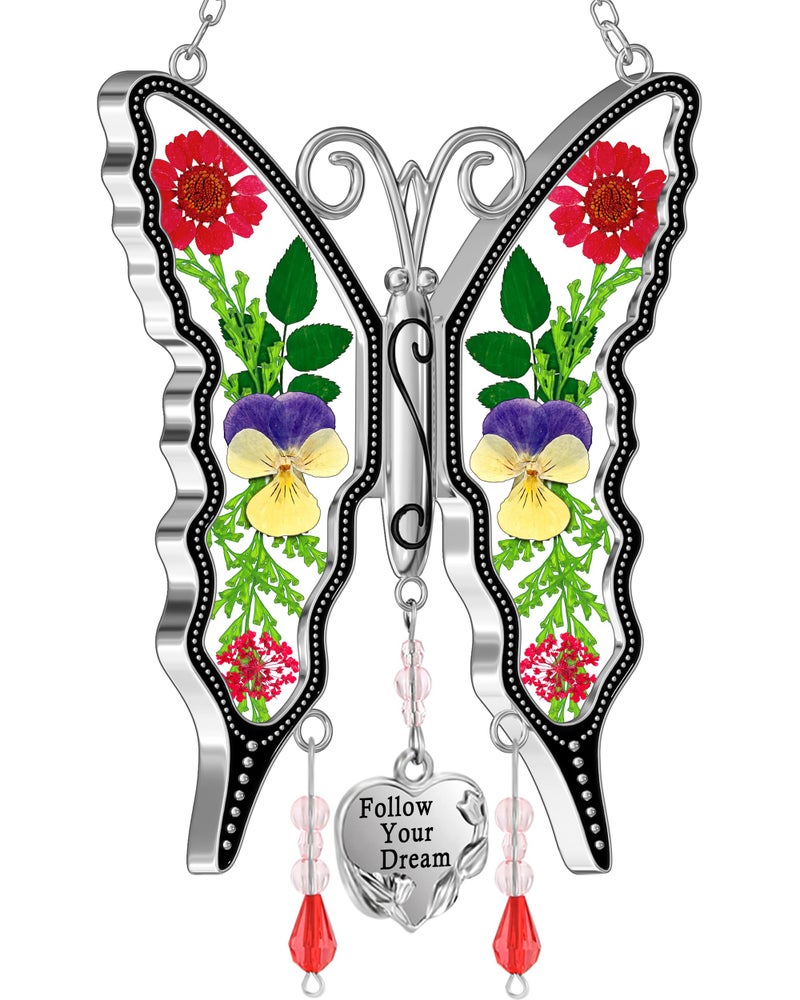 KY&BOSAM KYBOSAM Butterfly Suncatcher for Windows Hangings Follow Your Dream Stained Glass Wind Chimes Pressed Flower Between with Heart Charm Birthday Gifts for Women Mothers Day Valentines 