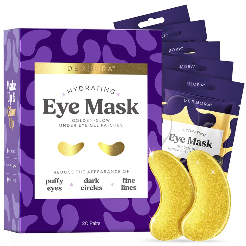 DERMORA Golden Glow Under Eye Patches | Rejuvenating Treatment | Dark Circles, Puffy Eyes, Refreshing, Revitalizing, Travel, Wrinkles | 20 Pairs Eye Gels - Image 1