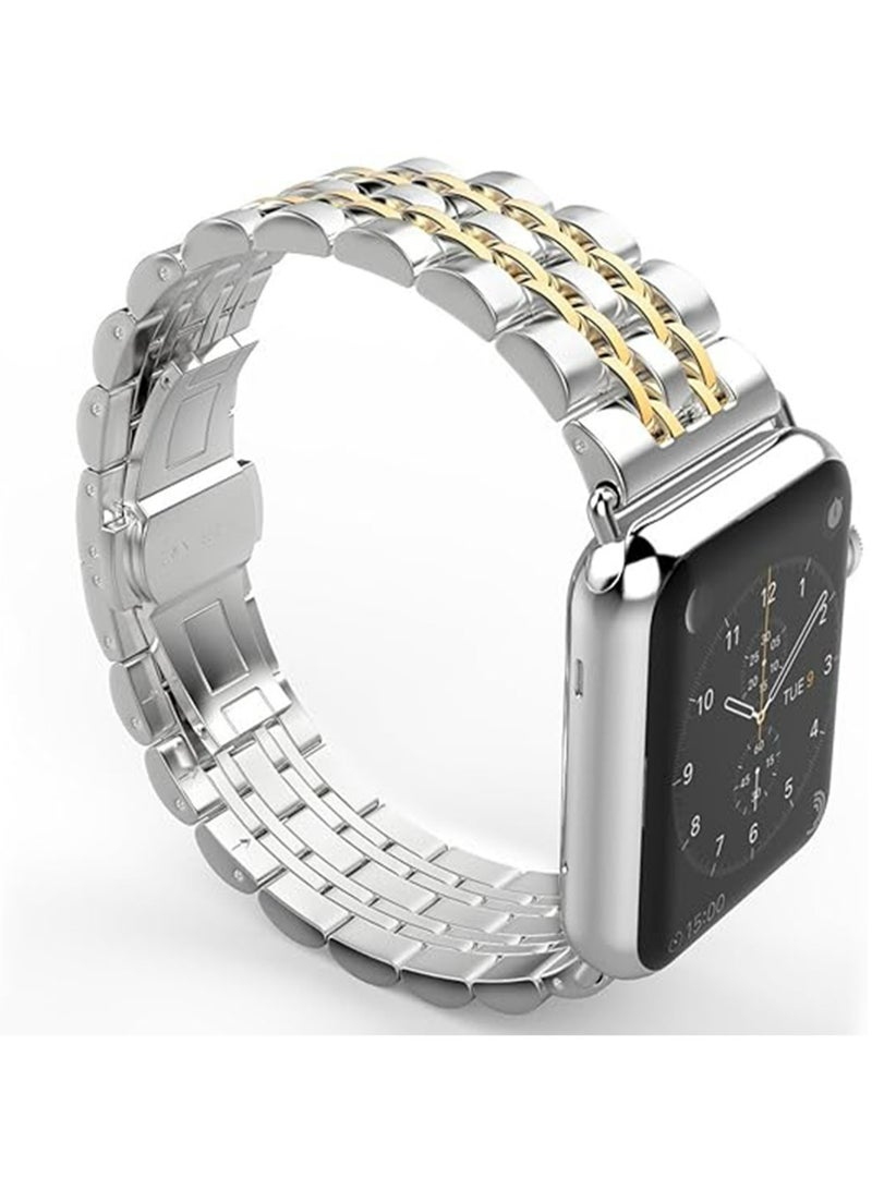 Hihonor Solid Stainless Steel Band Compatible with 49mm 46mm 45mm 44mm 42mm 41mm 40mm 38mm, Metal Strap for iWatch Series Ultra/Ultra2/10/9/8/7/6/5/4/3/2/1 SE Women and Men, Silver& Pink - Image 1