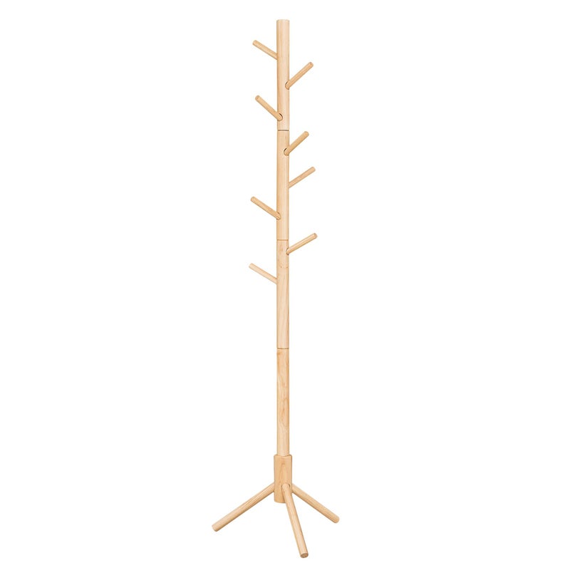 VASAGLE Wooden Tree Shaped Coat Stand with 8 Hooks 3 Adjustable Height for Clothes Hats Bags Entrance Living Room Bedroom Office Wood Color RCR004N01