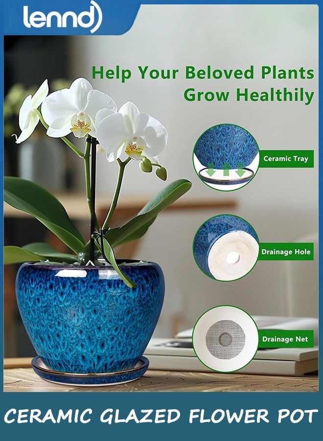 لينند أصيص نباتات عصارية عصري من السيراميك مع فتحة تصريف وصحن، أصيص زهور دائري مقاس 15 سم للاستخدام الداخلي والخارجي، نباتات أعشاب ثعبانية - Image 4