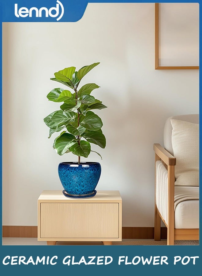 لينند أصيص نباتات عصارية عصري من السيراميك مع فتحة تصريف وصحن، أصيص زهور دائري مقاس 15 سم للاستخدام الداخلي والخارجي، نباتات أعشاب ثعبانية - Image 5