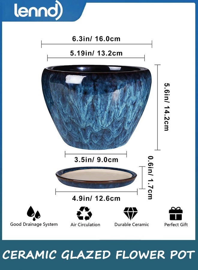 لينند أصيص نباتات عصارية عصري من السيراميك مع فتحة تصريف وصحن، أصيص زهور دائري مقاس 15 سم للاستخدام الداخلي والخارجي، نباتات أعشاب ثعبانية - Image 3