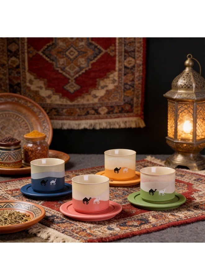 Ceramic Tea Cup and Saucer Set with Camel Design, 80ml, Tri-Color Gradient Pattern，suitable for gift and home use - Image 1