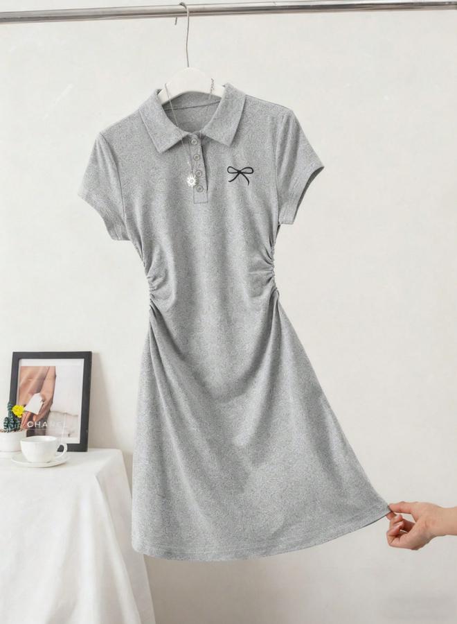 Take Two Grey Bow Print Mini Polo T-Shirt Dress with Short Sleeves - Image 1