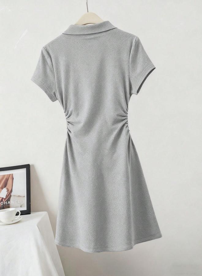 Take Two Grey Bow Print Mini Polo T-Shirt Dress with Short Sleeves - Image 4