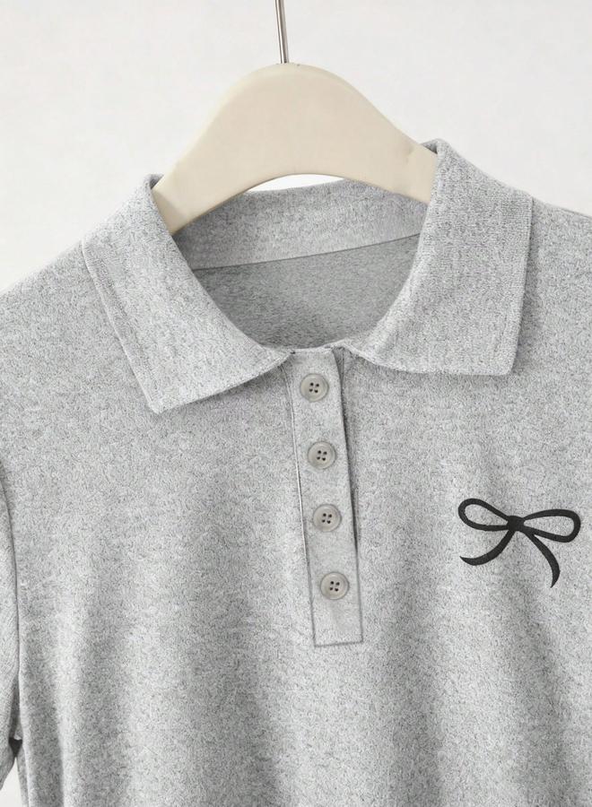 Take Two Grey Bow Print Mini Polo T-Shirt Dress with Short Sleeves - Image 3