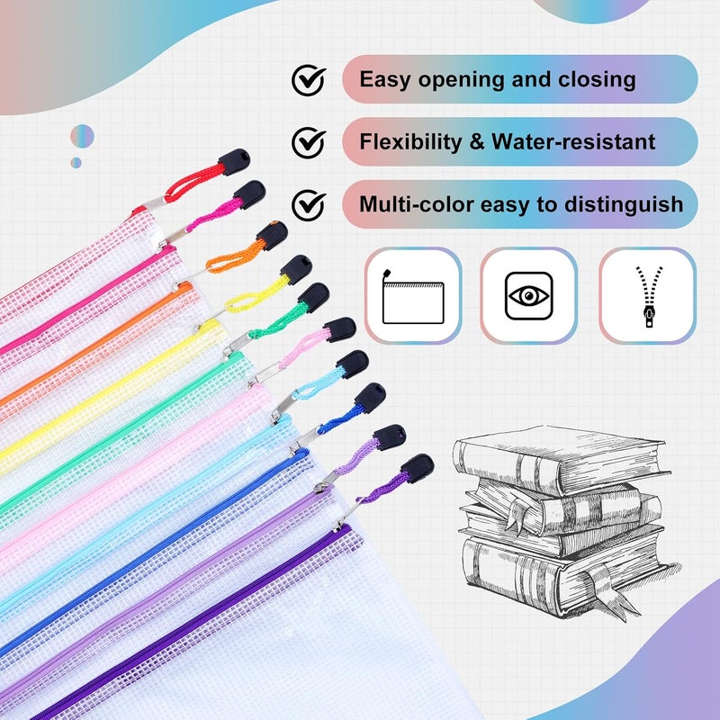 EOOUT 20pcs Mesh Zipper Pouch Zipper Bags, 10x14in Large Storage Bags for Organizing, 10 Colors Puzzle Bag Zipper File Bags for School Board Games and Office Supplies - Image 3