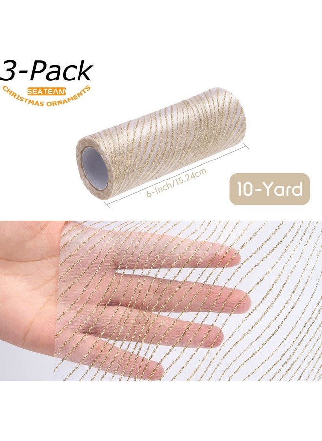 Sea Team 6-Inch-Wide Sheer Glitter Yarn Ribbon, Decorative Mesh Ribbon For Christmas Trees, Wreaths, Garlands, Art Crafts, Seasonal Decorations (3-Pack, 10-Yard/Pack, Champagne)  - Image 2