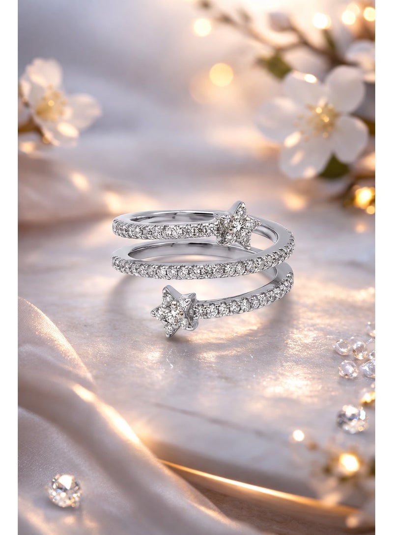Fine Silver 925 Sterling Silver Women's Star Motif Spiral Wrap Ring with Pave Cubic Zirconia - Image 2