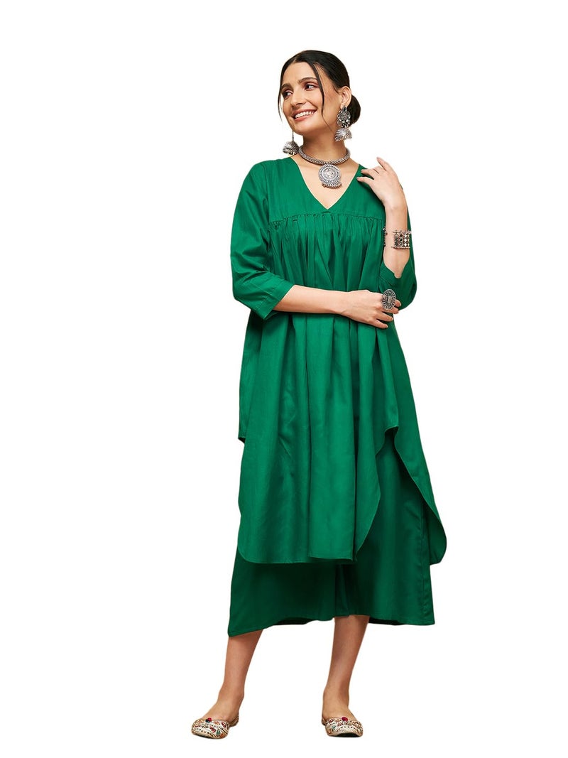 InWeave Forest Green POPLIN Flared Kurta - Image 1