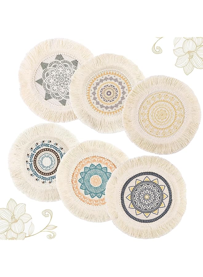 إيروريكس 6 قطع من الوقايات المصنوعة يدويًا من القطن مع شرابة للمشروبات، مقاومة للحرارة، وقايات ريفية للديكور المنزلي وحماية سطح الطاولة - Image 1