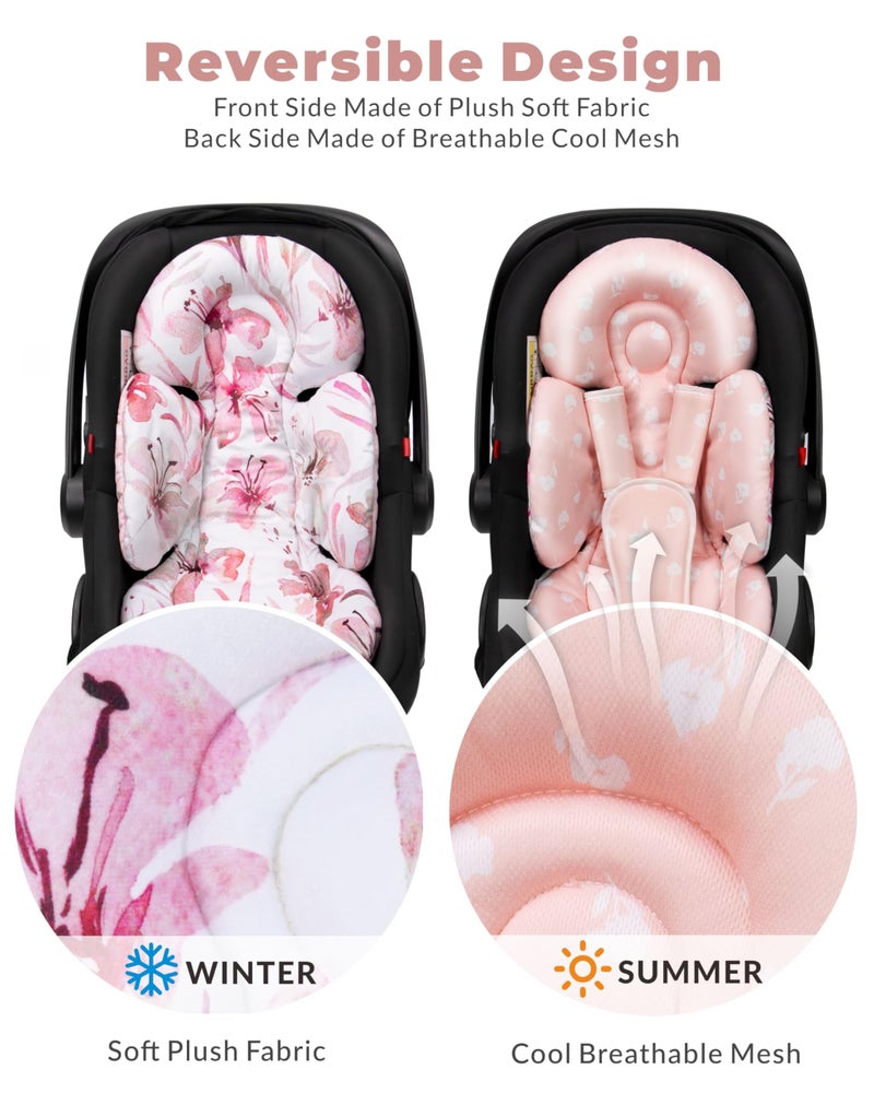 TinlyFinly Newborn Car Seat Insert, Head and Body Support, Reversible Infant Insert Compatible with Baby Carseat, Stroller, Mamaroo Swing, Rocker, Bouncer. Baby Car Seat Cushion - Pink Floral - Image 3