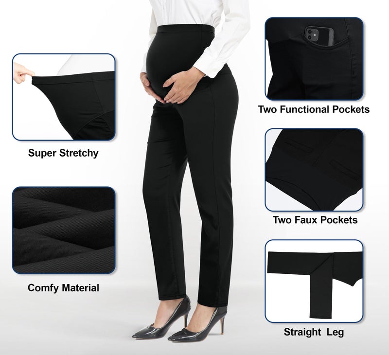 PACBREEZE Women's Maternity Pants for Work Over-Bump Pregnancy Casual Stretchy Straight Dress Pants with Pockets(Black, Medium) - Image 2