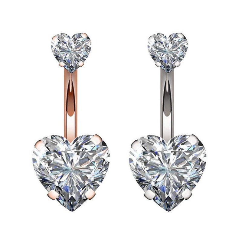 YHMM 14G Surgical Steel Belly Button Rings Double Heart Cubic Zirconia Navel Barbell Stud Body Piercing (A: Silver Tone) - Image 4