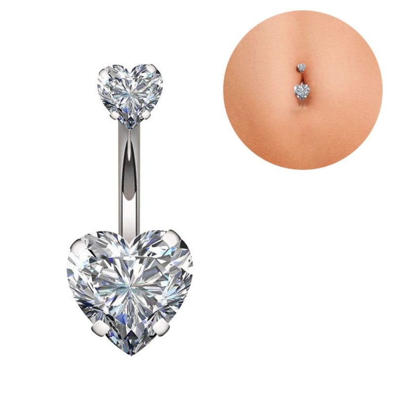 YHMM 14G Surgical Steel Belly Button Rings Double Heart Cubic Zirconia Navel Barbell Stud Body Piercing (A: Silver Tone) - Image 3