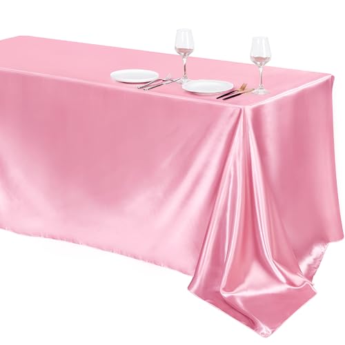 TURSTIN 1 Pack Pink Satin Tablecloth 102 x 58 Inch Overlay Satin Table Cover Rectangle Bright Silk Tablecloth Smooth Fabric Table Decoration for Wedding Banquet Party Events - Image 1
