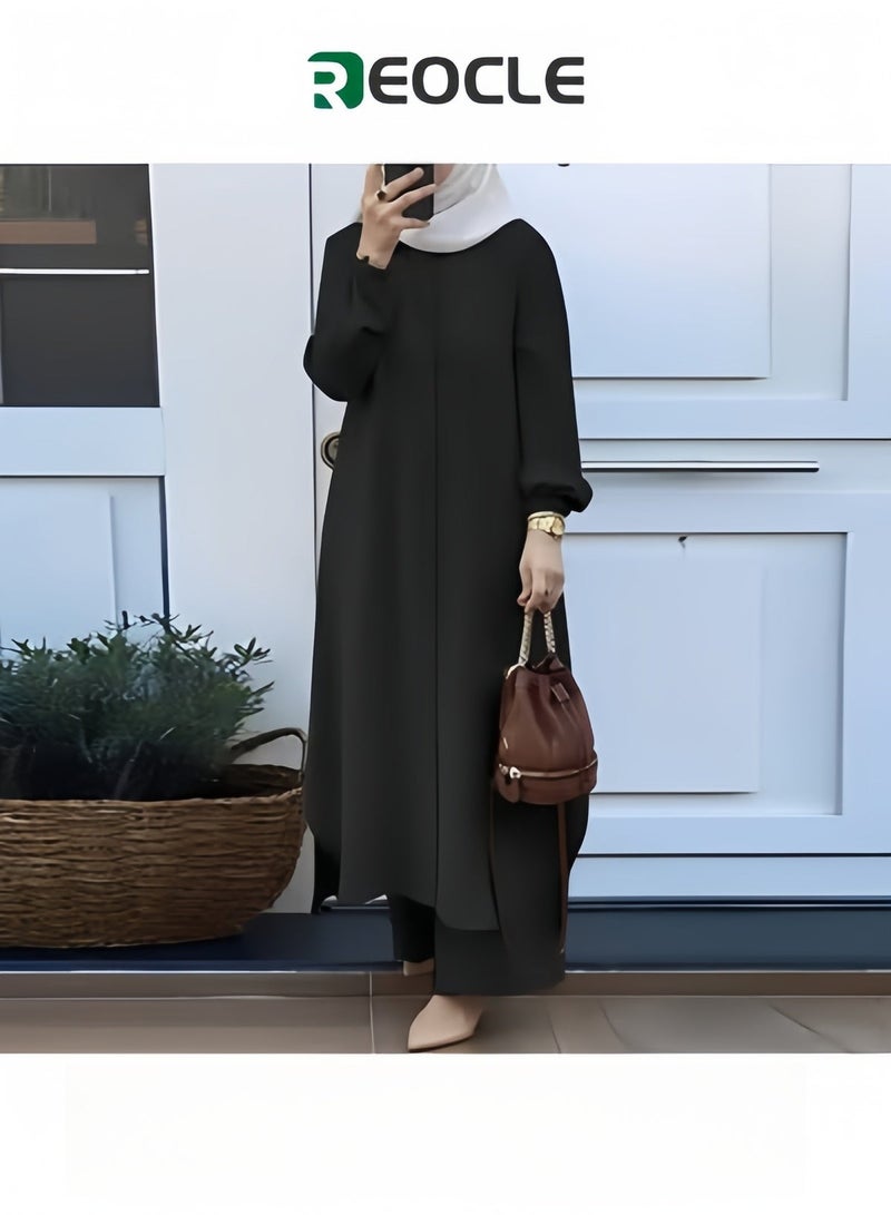 طقم نسائي مسلم من قطعتين قميص بأكمام طويلة بأزرار وبنطال عباية كاجوال دبي