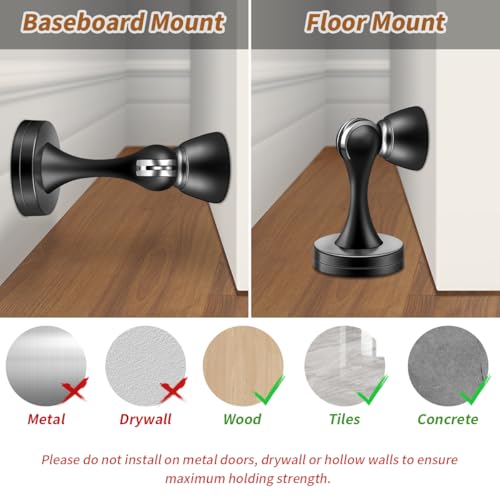KOLAKO Magnetic Door Stops, Door Stopper Stainless Steel Magnetic Doorstop Brushed Satin Nickel, Black Wall Floor Mounted Door Holder Catch for Bedroom Bathroom Kitchen Home Office - Image 5