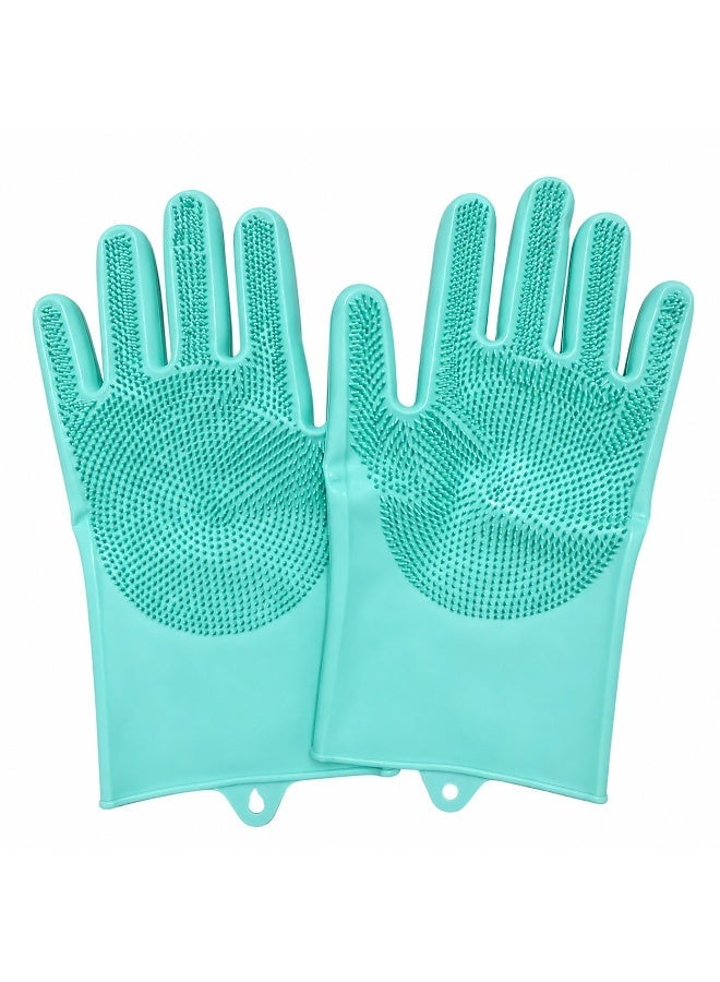 Silicone Dishwashing Gloves with Scrubber Bristles, Heat Resistant, Aqua, 1 Pair - Image 1