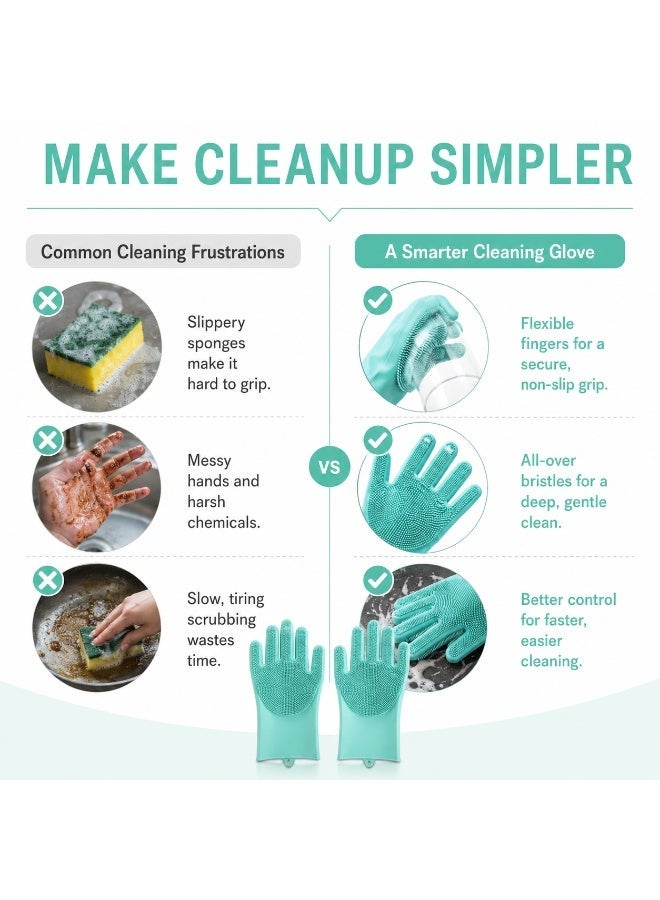 Silicone Dishwashing Gloves with Scrubber Bristles, Heat Resistant, Aqua, 1 Pair - Image 2