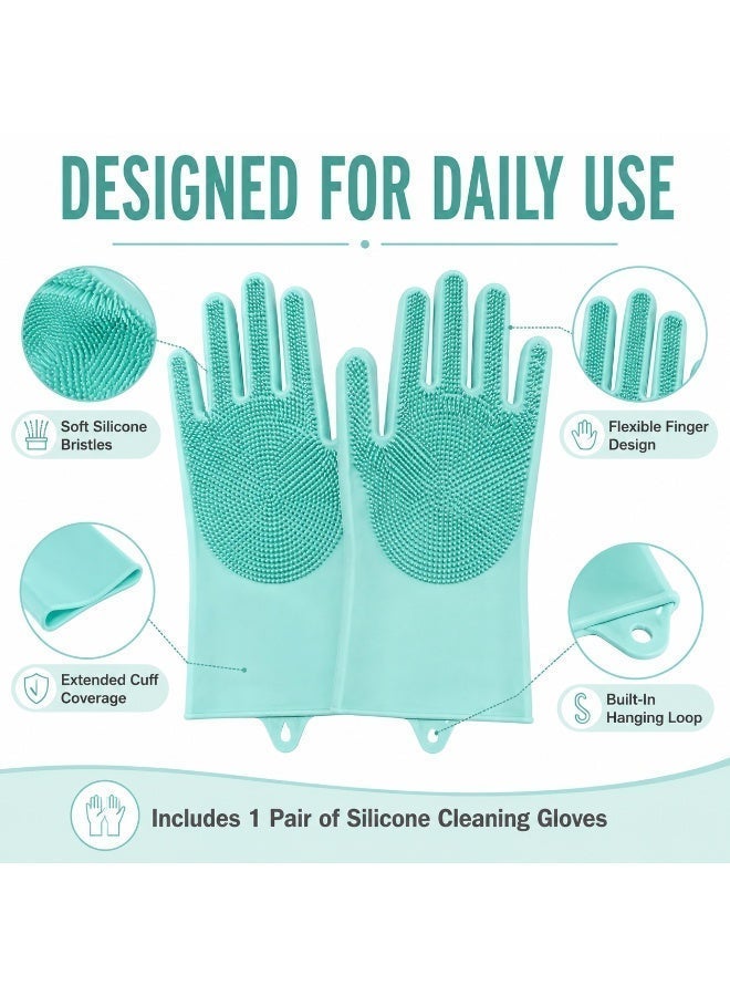 Silicone Dishwashing Gloves with Scrubber Bristles, Heat Resistant, Aqua, 1 Pair - Image 4