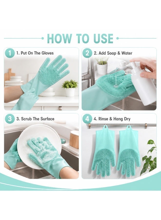 Silicone Dishwashing Gloves with Scrubber Bristles, Heat Resistant, Aqua, 1 Pair - Image 3