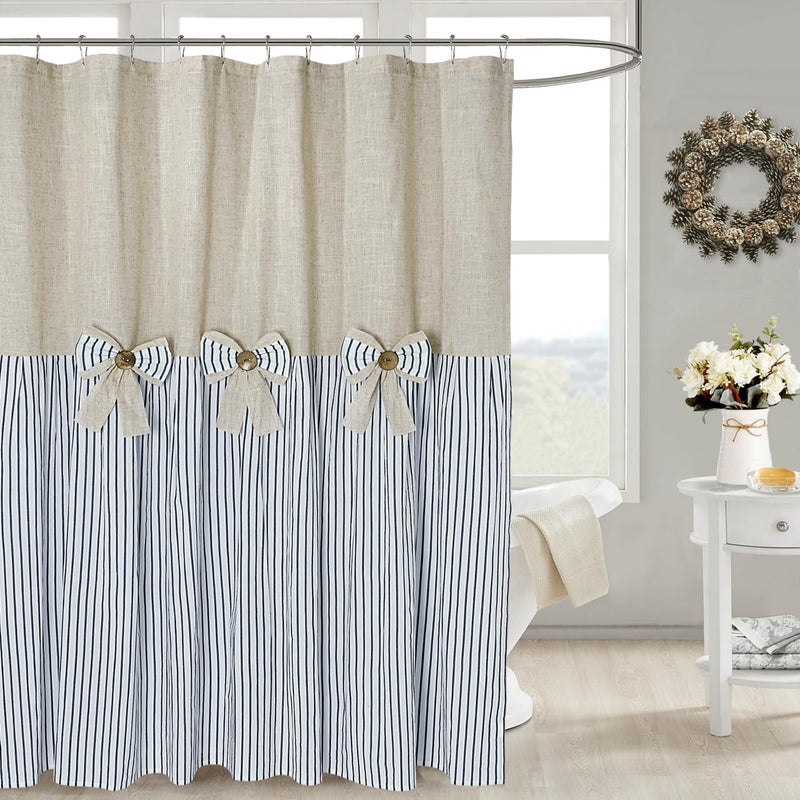 DOSLY IDÃ‰ES Linen Button Farmhouse Beige Shower Curtain,Bowknot,Linen and Cotton Woven Fabric,Pleated Blue Stripe,Country Style,72x72 in - Image 1