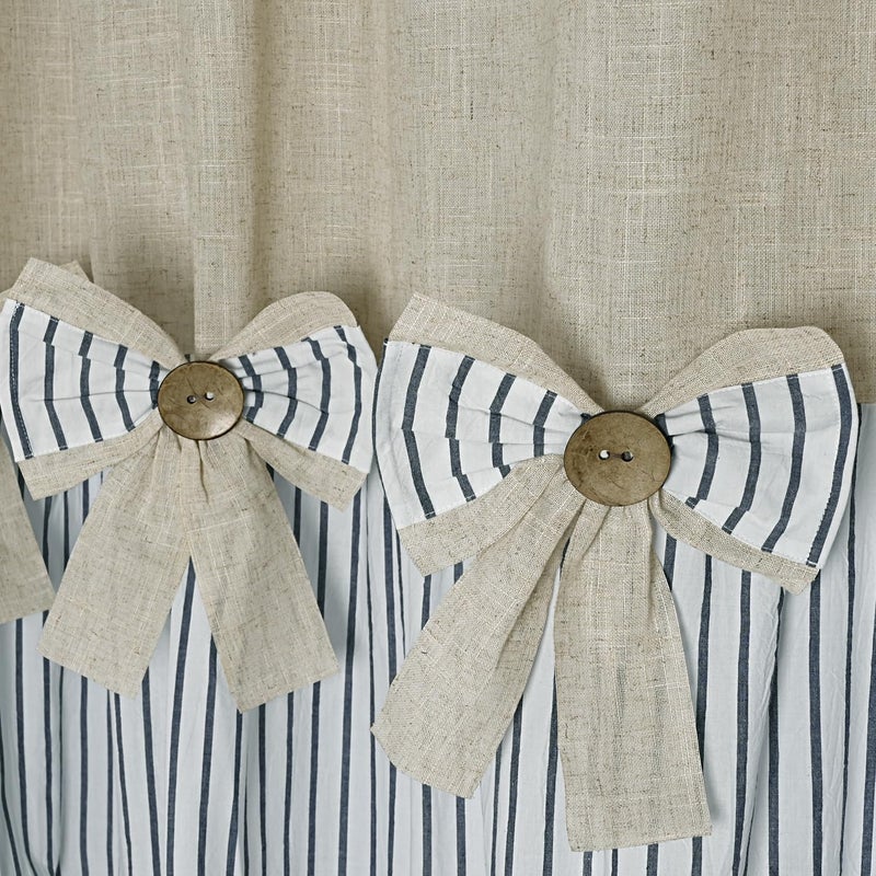 DOSLY IDÃ‰ES Linen Button Farmhouse Beige Shower Curtain,Bowknot,Linen and Cotton Woven Fabric,Pleated Blue Stripe,Country Style,72x72 in - Image 4