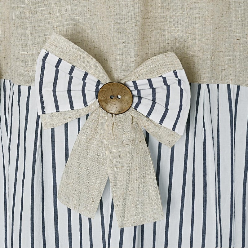 DOSLY IDÃ‰ES Linen Button Farmhouse Beige Shower Curtain,Bowknot,Linen and Cotton Woven Fabric,Pleated Blue Stripe,Country Style,72x72 in - Image 2