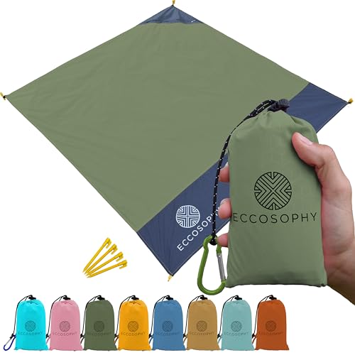 ECCOSOPHY Sand Proof Beach Blanket  Waterproof Picnic Blanket 60x55Outdoor Compact Pocket BlanketLightweight Ground Cover for Hiking Camping Festivals Sports Travelwith Bag  Stakes Olive