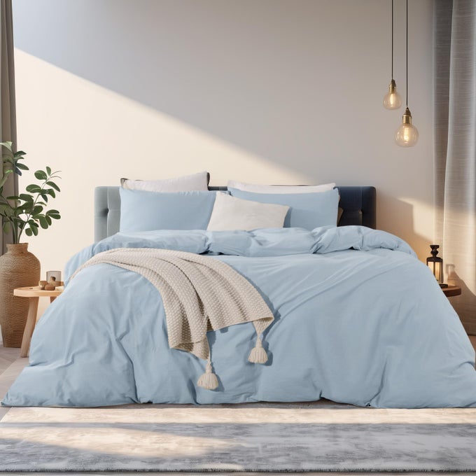 DUVET COVER SET KING SIZE LINEN LOOK TEXTURED ORGANIC NATURAL 100 WASHED COTTON DUVET COVER 3 PIECES BEDDING SET WITH ZIPPER CLOSURE BREATHABLE SOFT LIGHT BABY BLUE NO COMFORTER