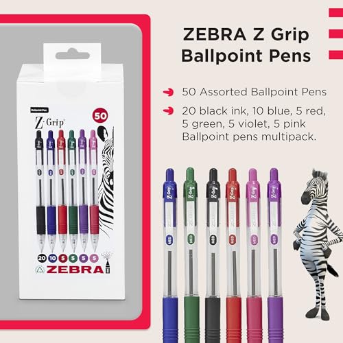 Zebra Pen أقلام حبر جاف زيبرا Z GRIP متنوعة، قابلة للسحب مع حبر سلس، مقبض مريح ومشبك جيب موثوق، 50 قلم بقطر متوسط، 5 ألوان متنوعة - Image 2