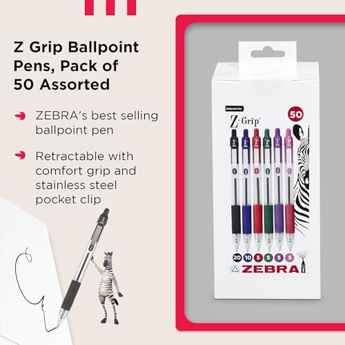 Zebra Pen أقلام حبر جاف زيبرا Z GRIP متنوعة، قابلة للسحب مع حبر سلس، مقبض مريح ومشبك جيب موثوق، 50 قلم بقطر متوسط، 5 ألوان متنوعة - Image 3