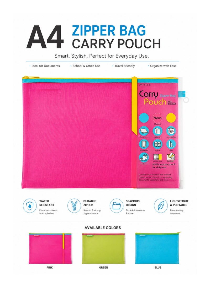 Foldermate 1-Piece A4 Size Carry Pouch With Zipper Closure Assorted Colours - Image 1